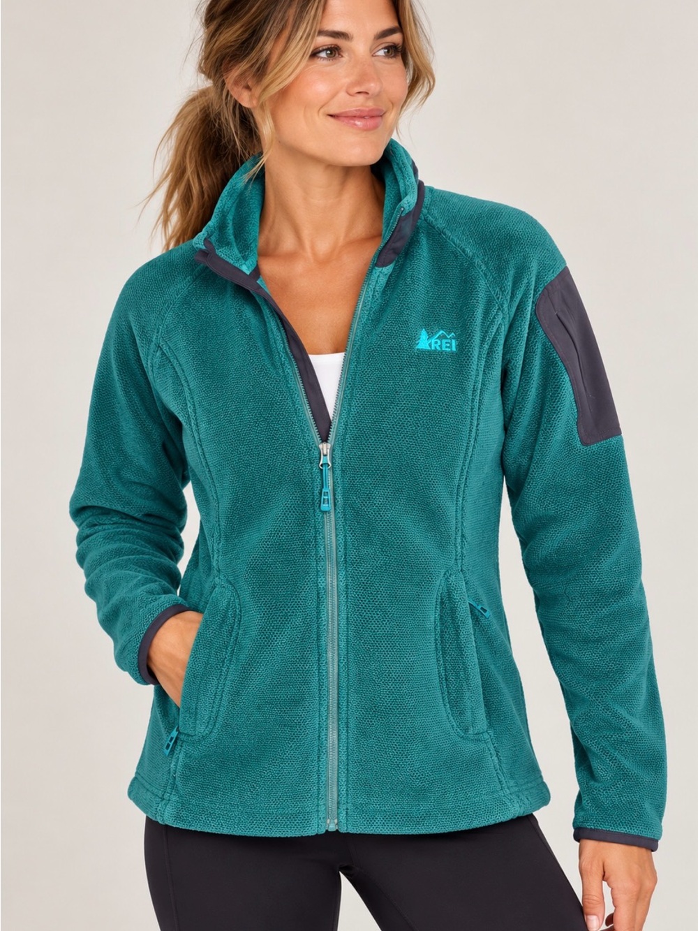 REI Teal Textured Fleece Jacket Women’s Medium Full Zip Outdoor Hiking